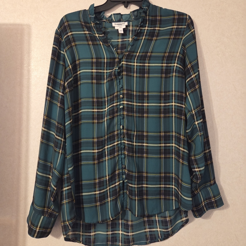 Express Emerald and Yellow Stripe with Black Plaid Button-Down Shirt